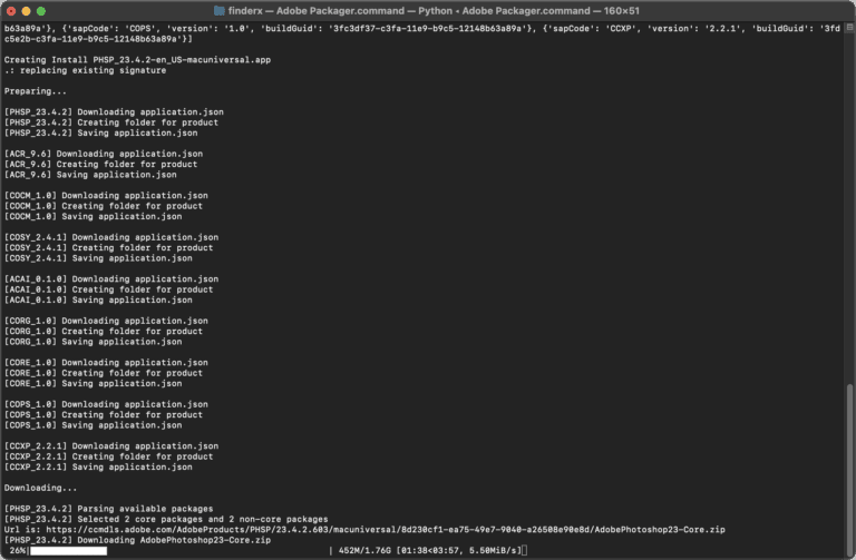 Процесс скачивания через adobe-packager